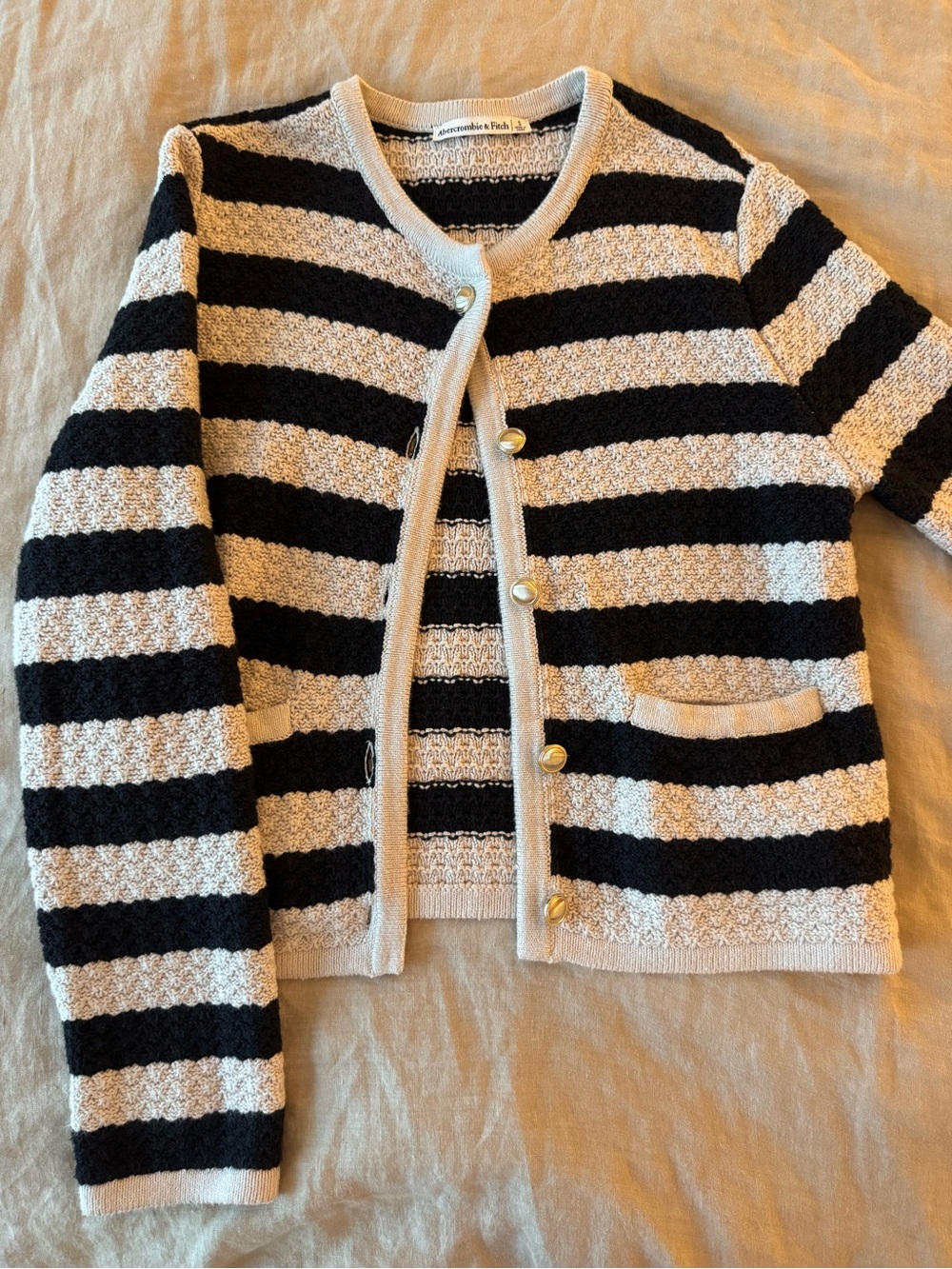 Abercrombie & Fitch Black and Cream Striped Knit Cardigan